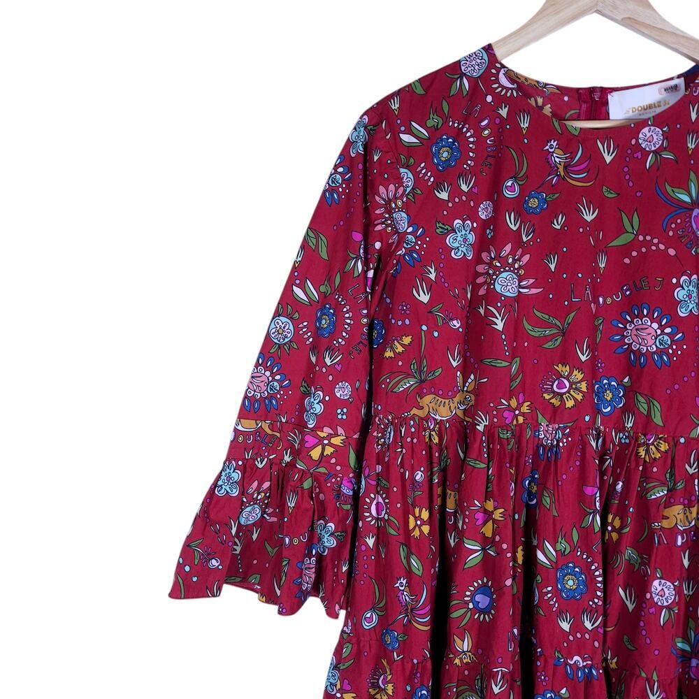 La DoubleJ Womens Bambi Dress Red Floral Print 40 Midi Long Sleeve Boho Chic Fit - Picture 3 of 15